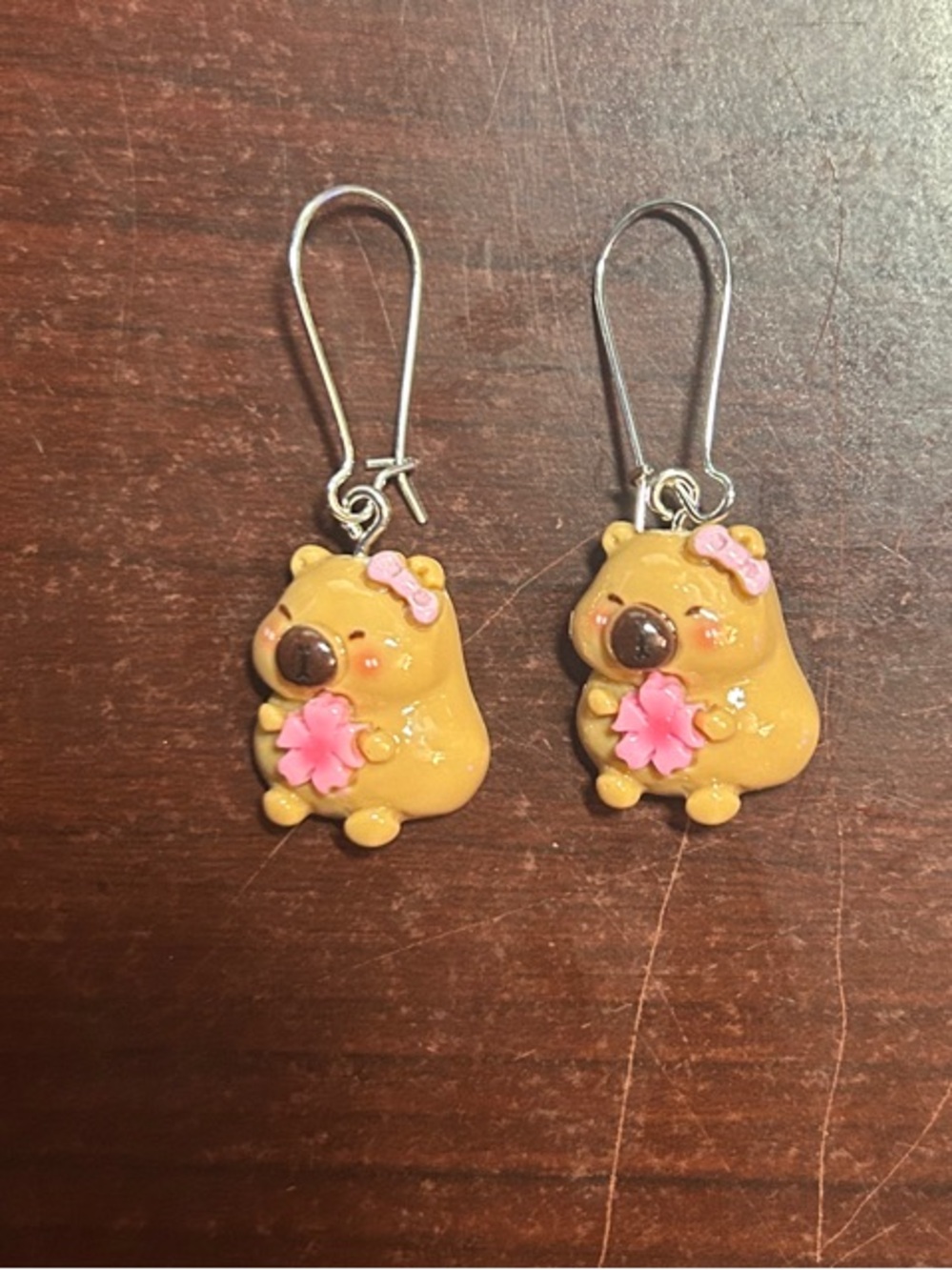 Capybara Dangle Earrings - Yellow with Pink Accents